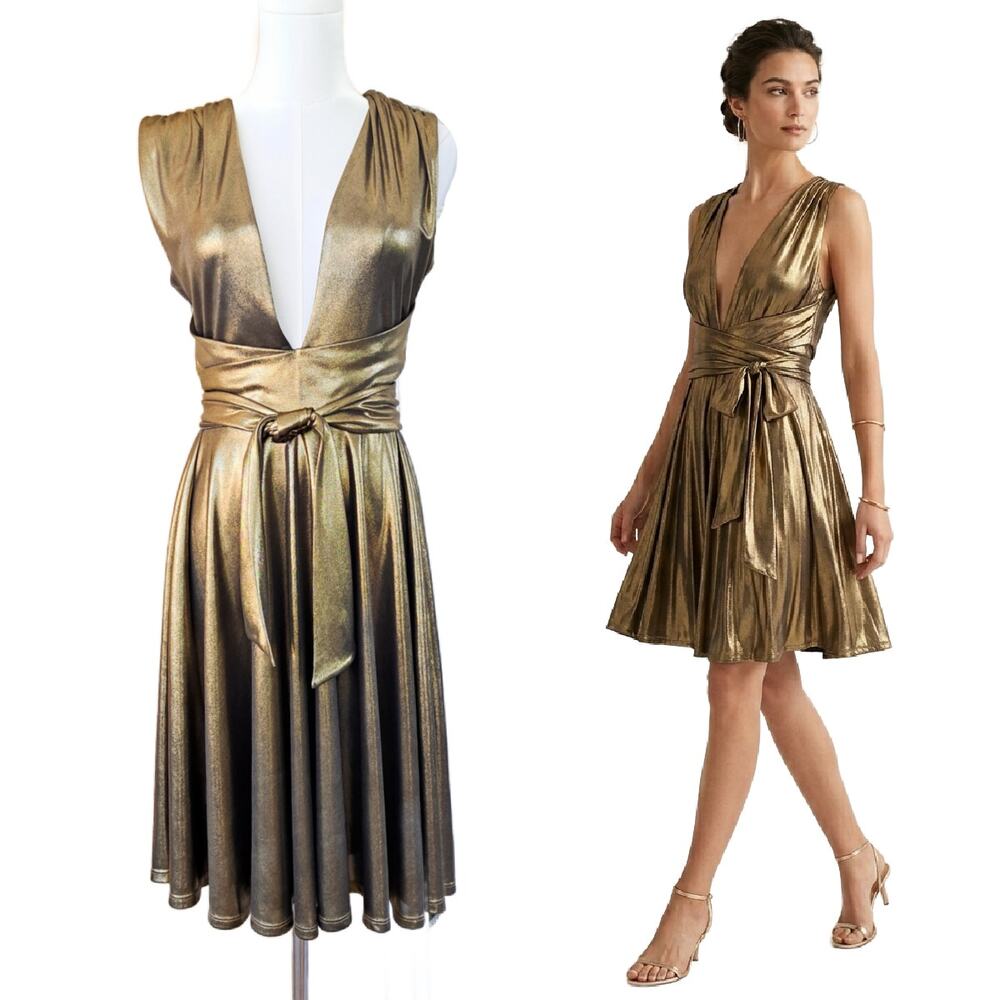 HALSTON Heritage Metallic Gold Liquid Jersey Deep V-Neck Dress Cocktail Medium